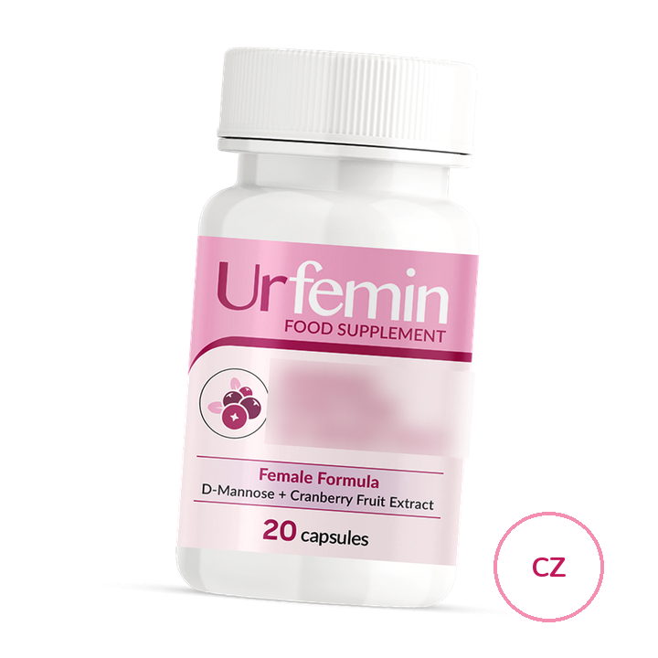 Urfemin — bílá lahvička s růžovou etiketou: Food Supplement, Female Formula, D-Mannose + Cranberry Fruit Extract, 20 capsules