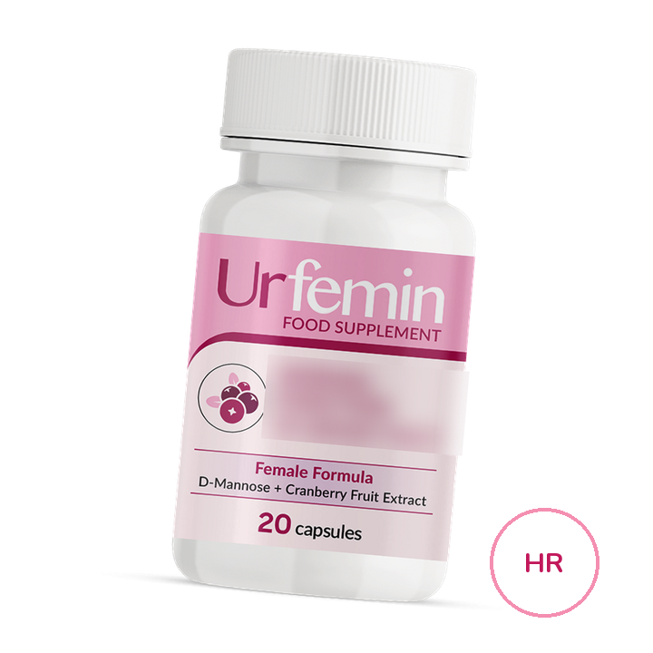 Urfemin — bijela bočica s ružičastom etiketom: Food Supplement, Female Formula, D-Mannose + Cranberry Fruit Extract, 20 capsules