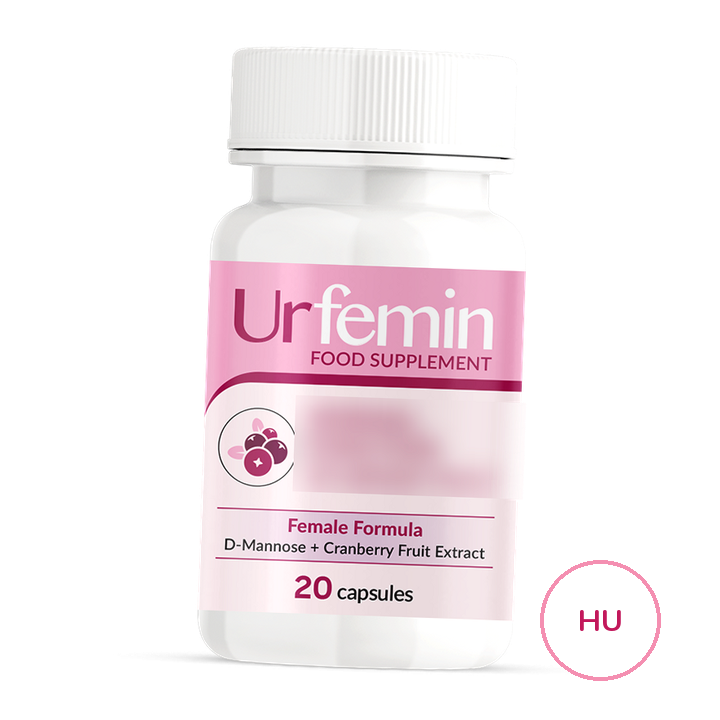 Urfemin — fehér flakon rózsaszín címkével: Food Supplement, Female Formula, D-Mannose + Cranberry Fruit Extract, 20 capsules