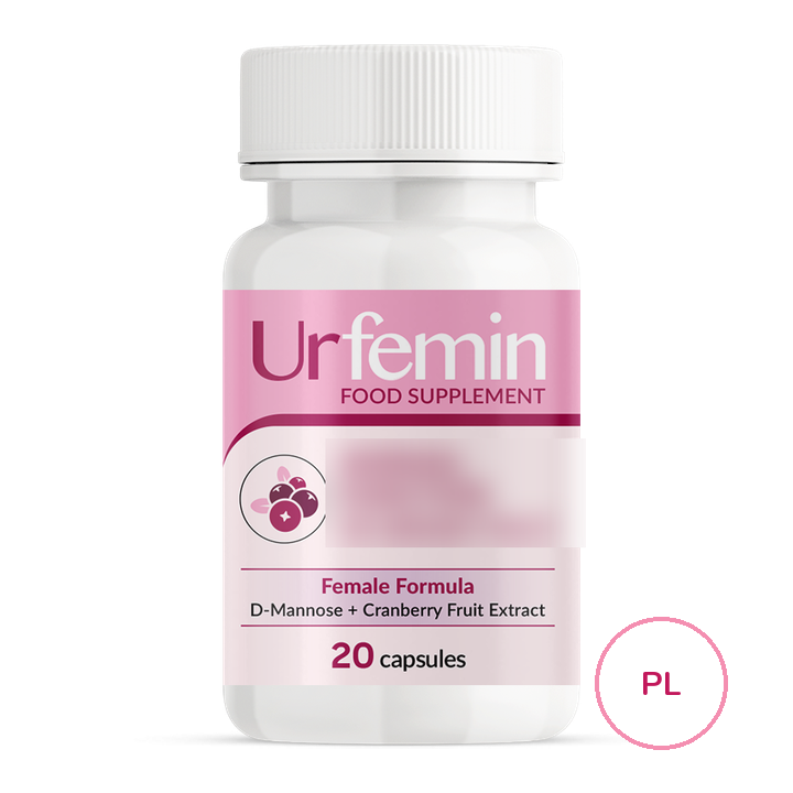 Urfemin — biała butelka z różową etykietą: Food Supplement, Female Formula, D-Mannose + Cranberry Fruit Extract, 20 capsules