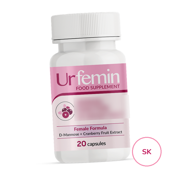 Urfemin — biela fľaštička s ružovou etiketou: Food Supplement, Female Formula, D-Mannose + Cranberry Fruit Extract, 20 capsules