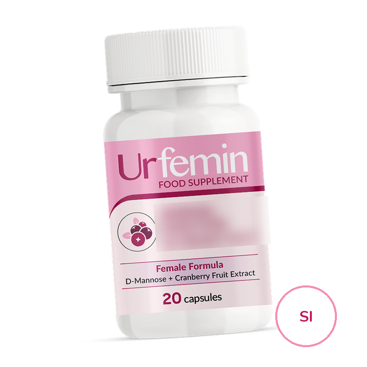 Urfemin — bela steklenička z rožnato etiketo: Food Supplement, Female Formula, D-Mannose + Cranberry Fruit Extract, 20 capsules